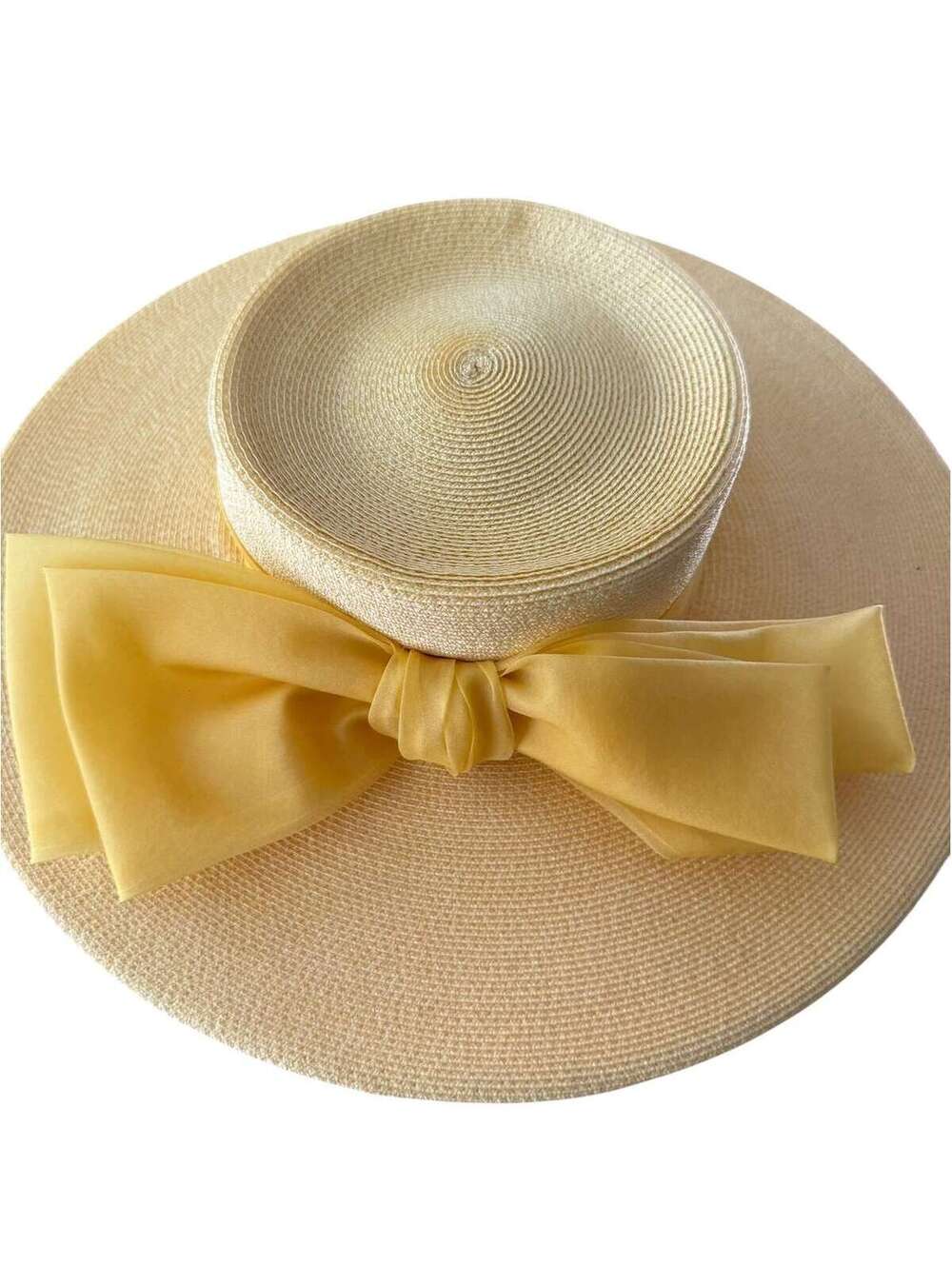 Vintage 80s Yellow Straw Wide Brimmed Hat, Chiffon Bow, Sunhat, G. Fox - Picture 5 of 8